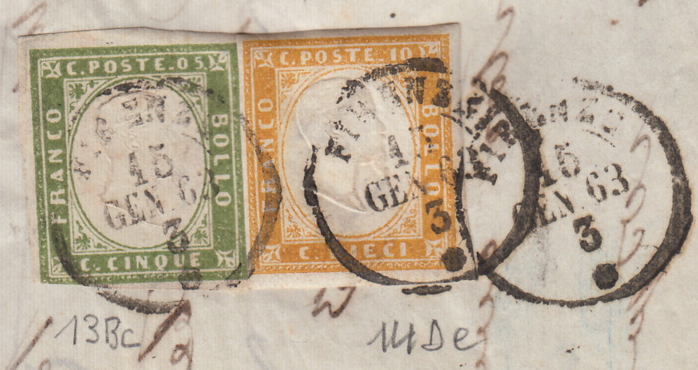 256 - 1863 - IV emissione, Lettera spedita da Firenze per Colle 15/1/63 affrancata con c. 5 verde oliva III composizione + c. 10 ocra arancio II tavola (13Bc + 14De)