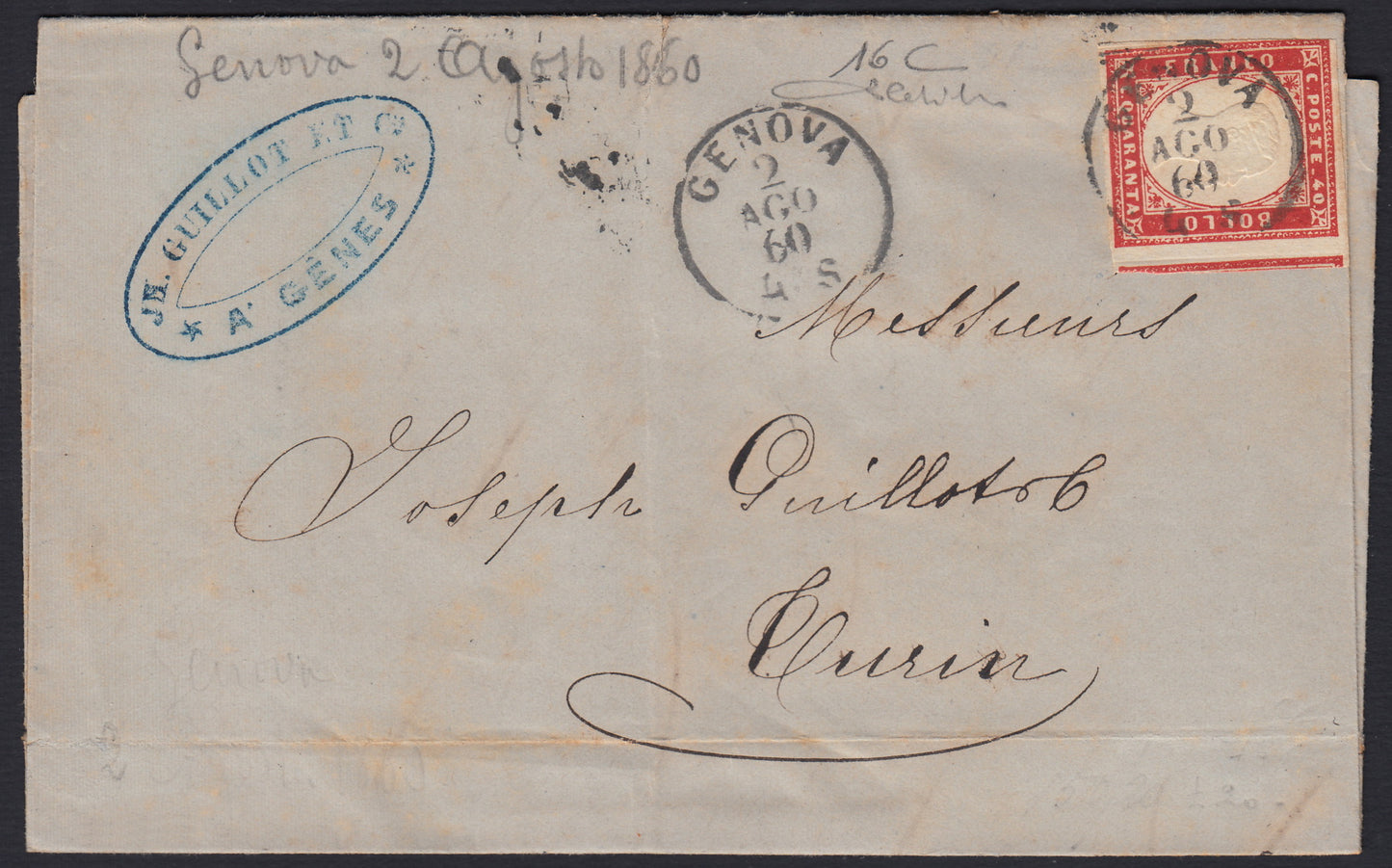 258 - 1860 - IV issue, Letter sent from Genoa to Turin 2/8/60 franked with c. 40 red edition 1860 (16C)