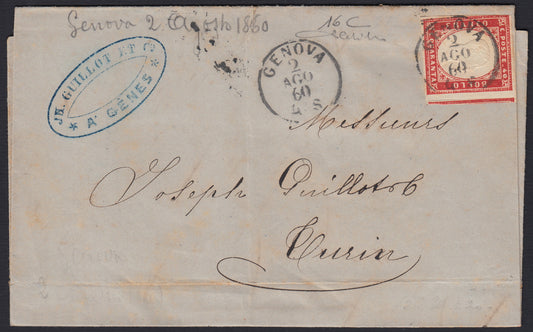 258 - 1860 - IV número, Carta enviada desde Génova a Turín el 8/02/60 franqueada con c. 40 edición roja 1860 (16C)