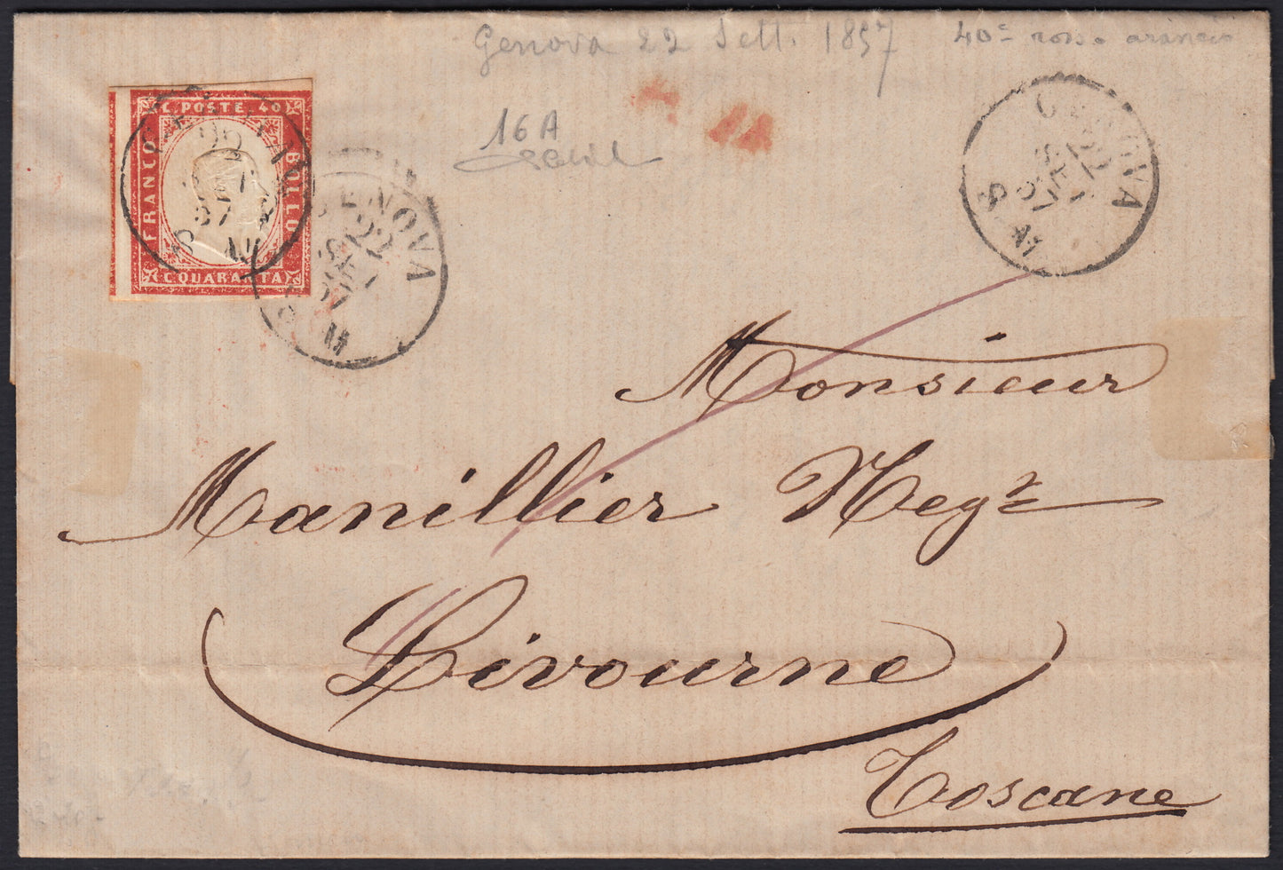 259 - 1857 - IV issue, Letter sent from Genoa to Livorno 22/9/57 franked with c. 40 scarlet red edition 1857 (16A, Rattone n. 33a)