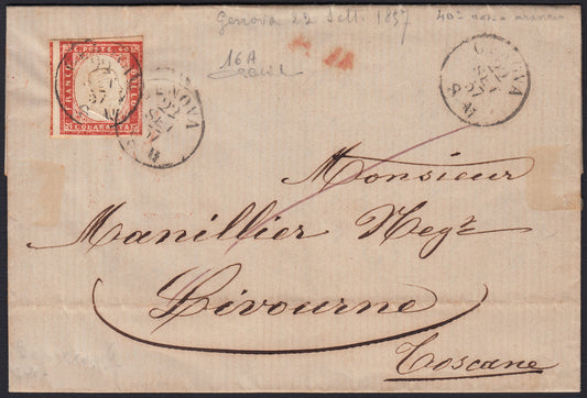 259 - 1857 - IV emissione, Lettera spedita da Genova per Livorno 22/9/57 affrancata con c. 40 rosso scarlatto tiratura 1857 (16A, Rattone n. 33a)