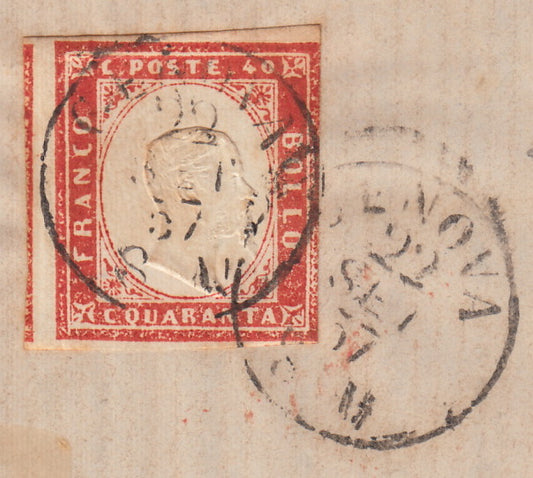 259 - 1857 - IV número, Carta enviada desde Génova a Livorno el 22/9/57 franqueada con c. 40 rojo escarlata edición 1857 (16A, Rattone n. 33a)