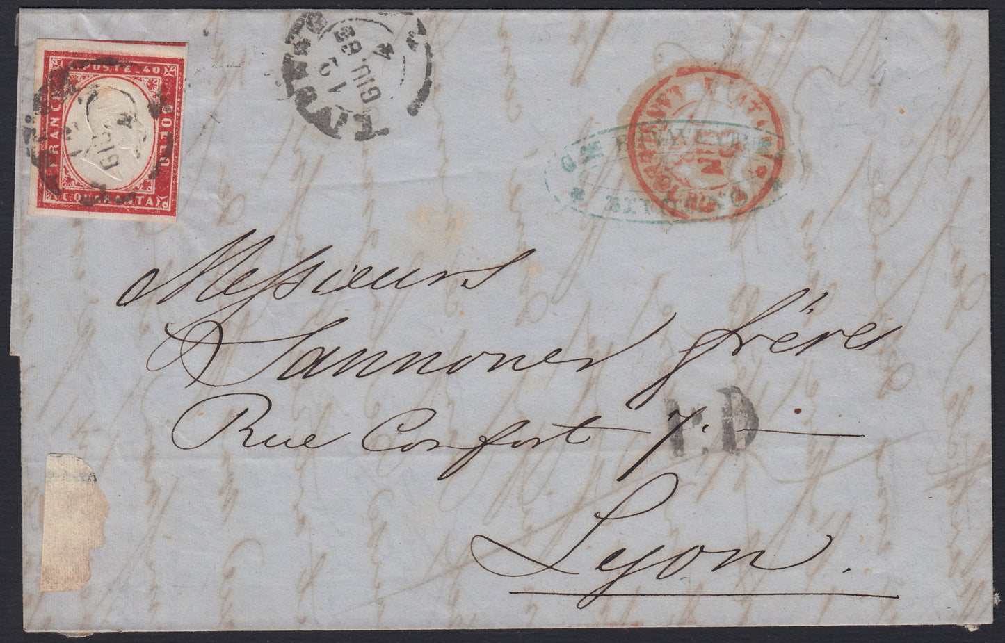 260 - 1863 - IV issue, Letter sent from Livorno to Lyon 12/6/63 franked with c. 40 intense carmine red edition 1861 (16D, Rattone n. 41d)