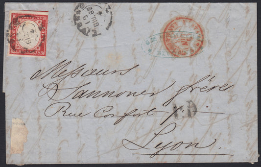 260 - 1863 - IV emissione, Lettera spedita da Livorno per Lione 12/6/63 affrancata con c. 40 rosso carminio intenso tiratura 1861 (16D, Rattone n. 41d)