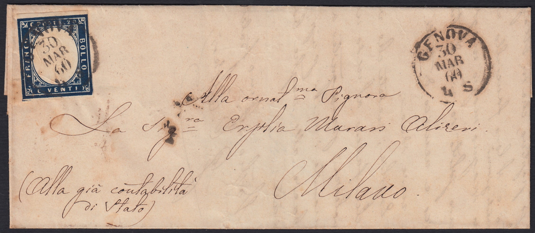 SARDSP262 - 1860 - Lettera spedita da GEnova pe rMilano 30/3/60 affrancata con c. 20 azzurro scurissimo I tavola (15C)