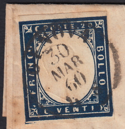 SARDSP262 - 1860 - Lettera spedita da GEnova pe rMilano 30/3/60 affrancata con c. 20 azzurro scurissimo I tavola (15C)