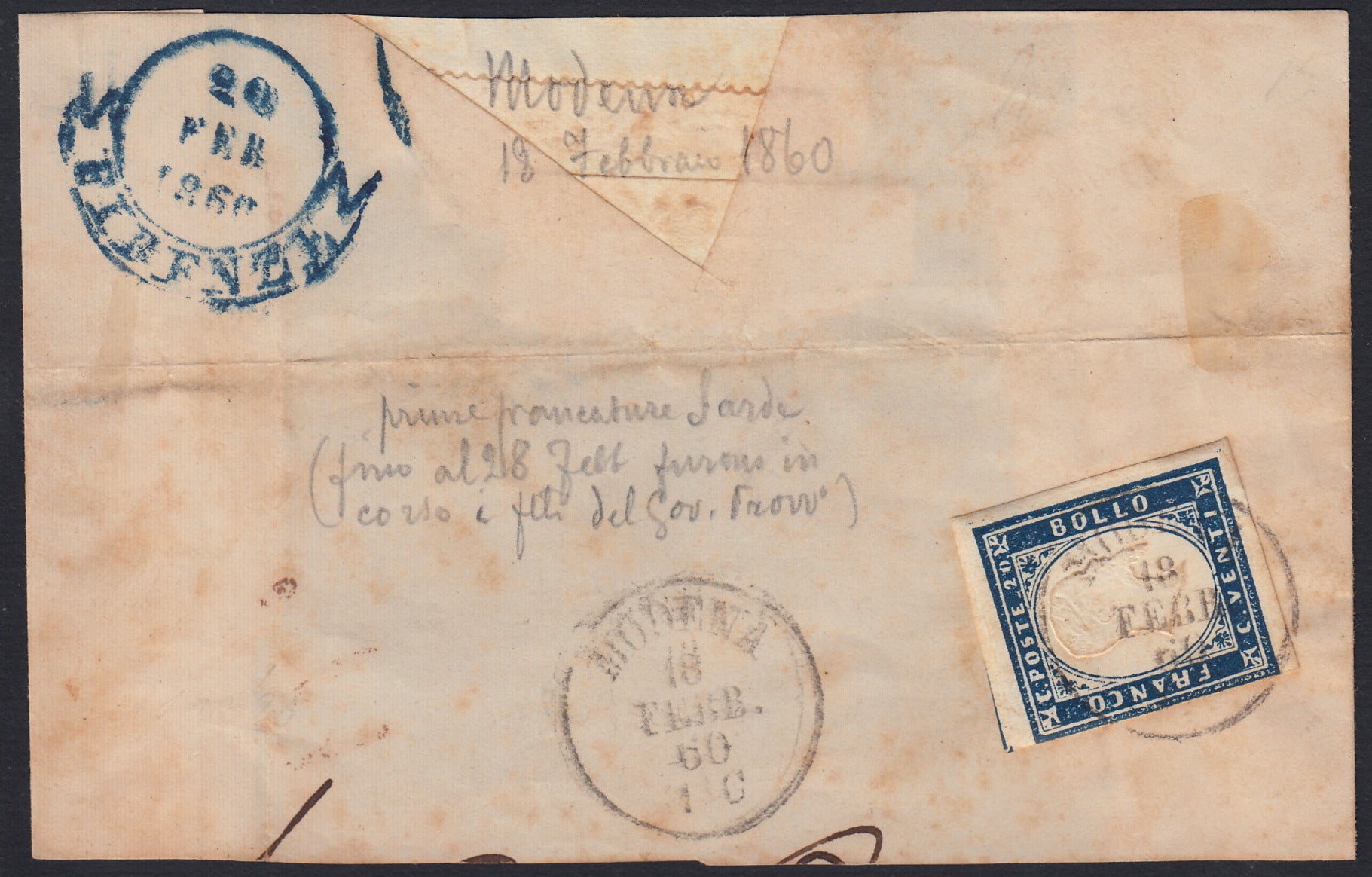 SARDSP264 - 1860 - Fronte di lettera spedita da Modena per Firemze 18/2/60 affrancato con c. 20 azzurro oltremare I tavola (15Aa)