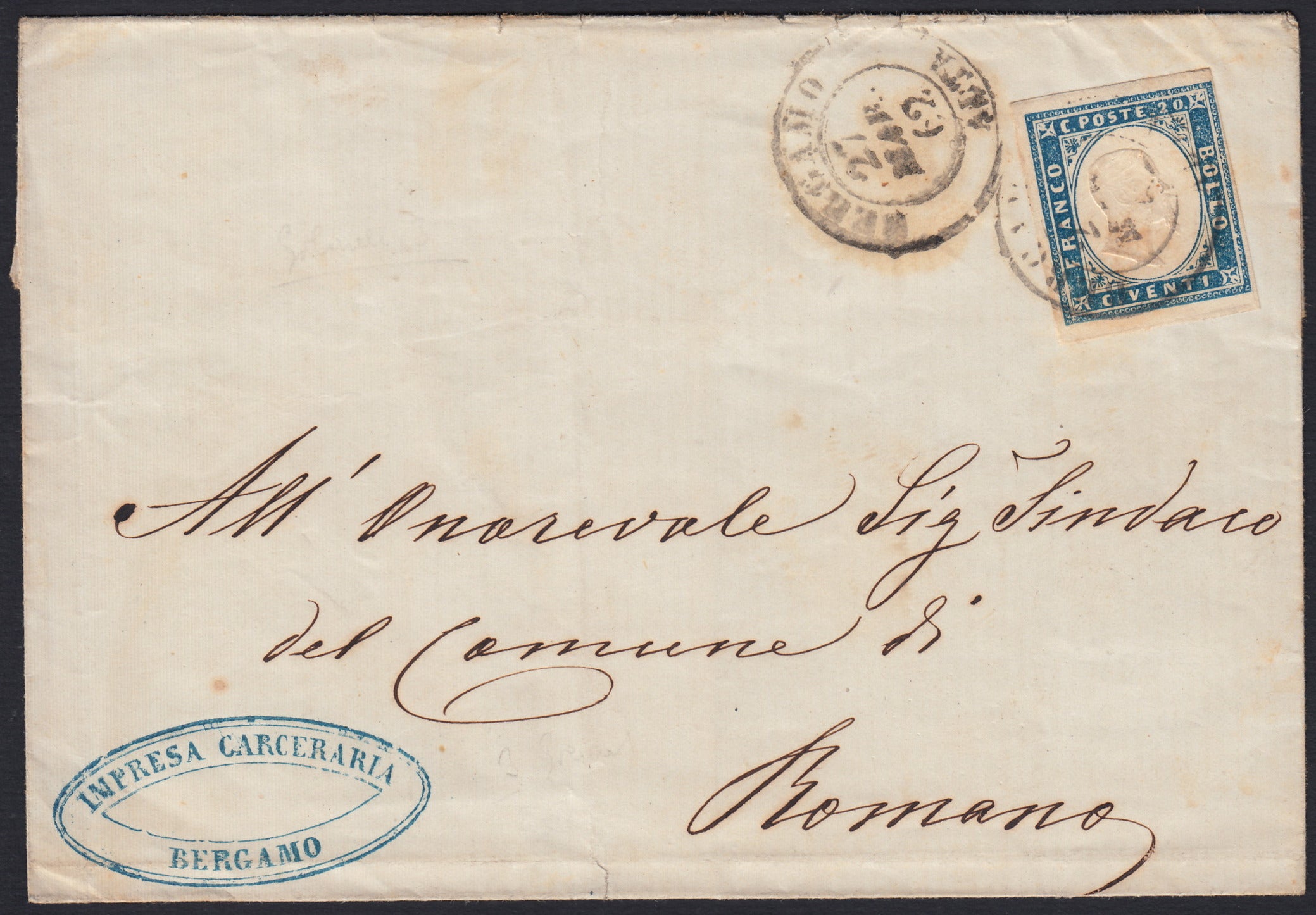 SARDSP265 - 1862 - Lettera spedita da Bergamo (Alta) per Romano 27/3/62 affrancata con c. 20 celeste II tavola (15D)