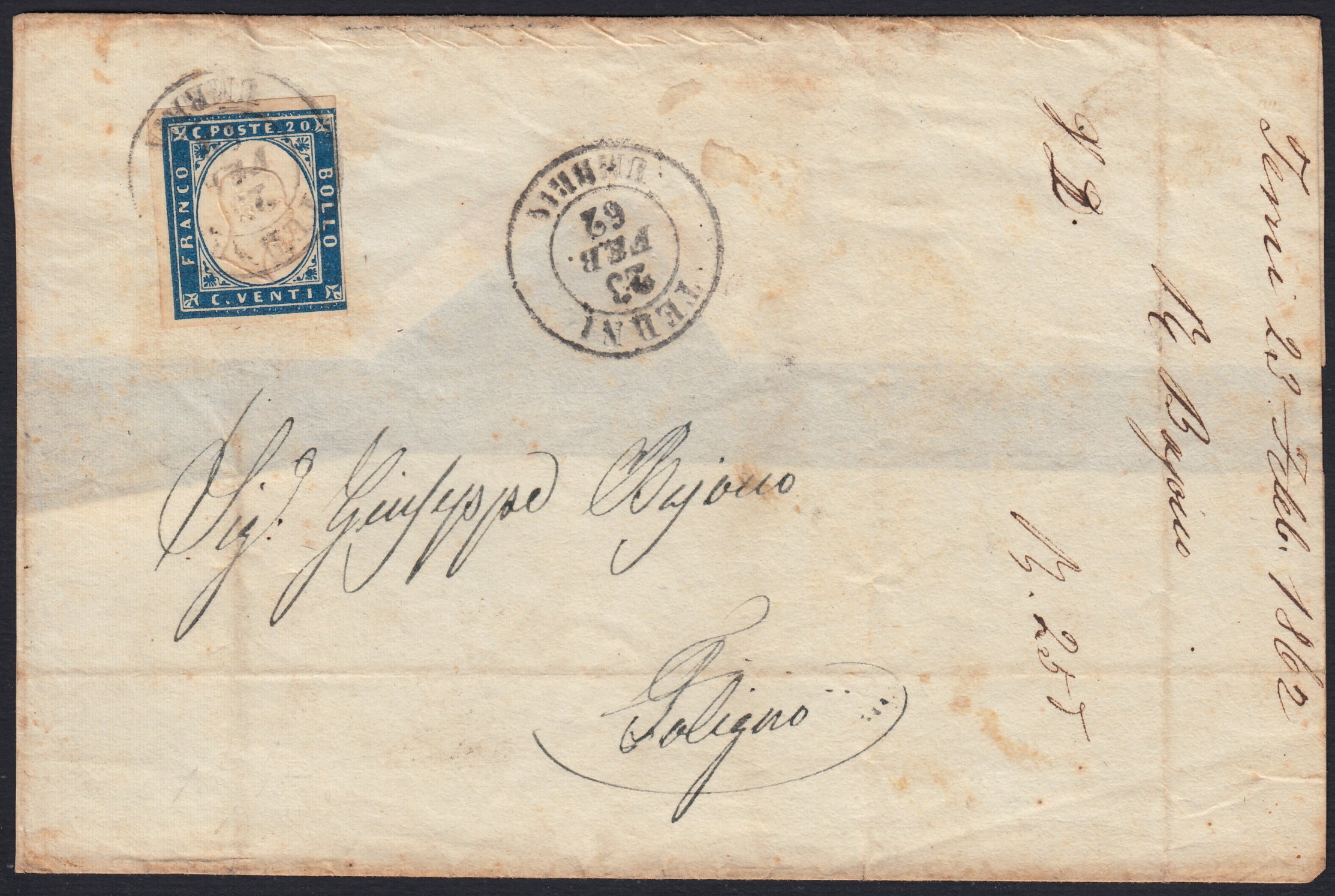SARDSP276 - 1862 - Lettera spedita da Terni Umbria per Foligno 24/2/62 affrancata con c. 20 celeste II tavola (15Da)