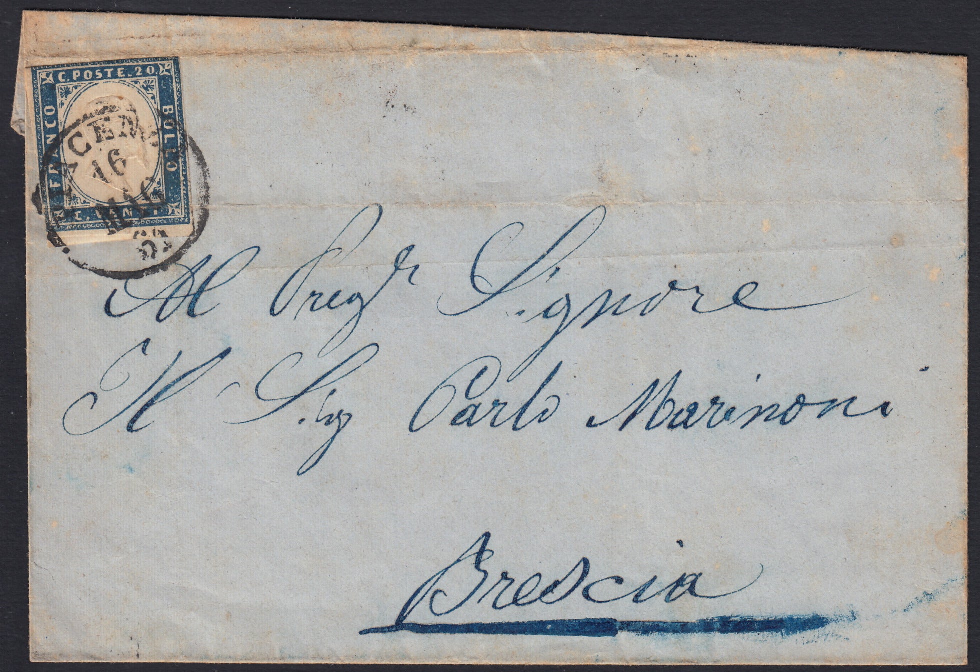 SARDSP267 - 1862 - Lettera spedita da Piacenza per Brescia 16/5/62 affrancata con c. 20 celeste (15Da)