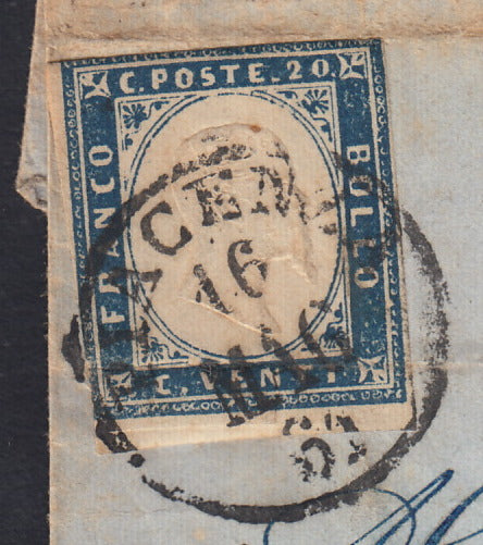 SARDSP267 - 1862 - Lettera spedita da Piacenza per Brescia 16/5/62 affrancata con c. 20 celeste (15Da)