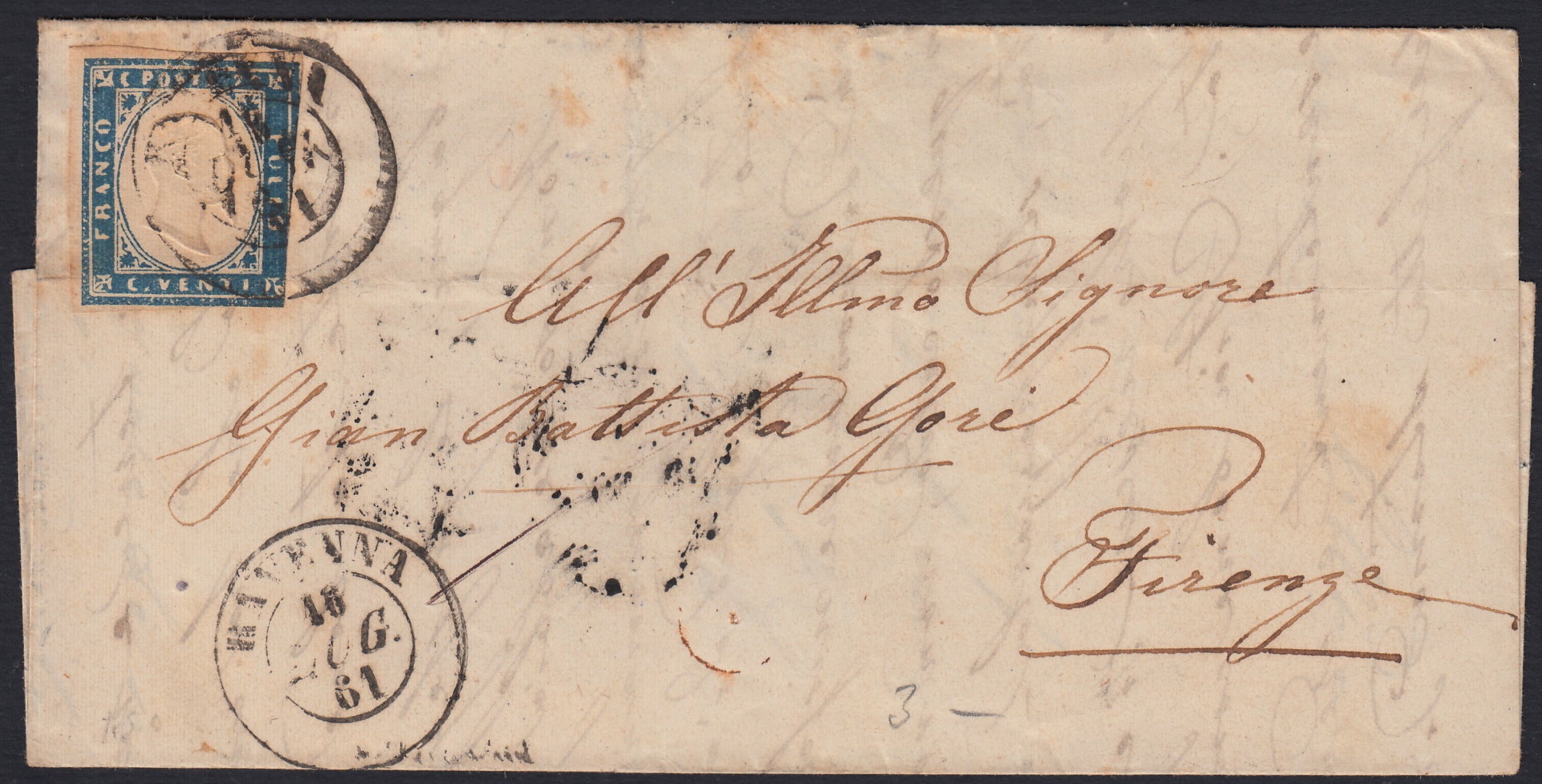 SARDSP268 - 1862 - Lettera spedita da Ravenna per Firenze 18/7/62 affrancata con c. 20 celeste chiaro II tavola (15D)
