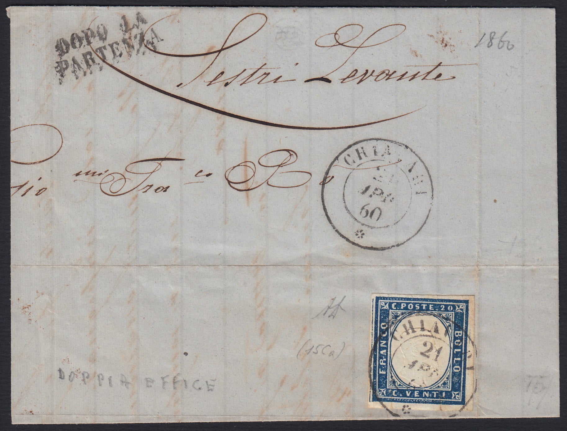 SARDSP269 - 1860 - Lettera spedita da Chiavari per Sestri Levante 21/4/&0 affrancata con c. 20 celeste I tavola (15Ca)