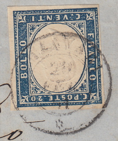 SARDSP271 - 1861 - Lettera spedita da Chiavari per Sestri Levante 20/2/61 affrancata con c. 20 celeste grigiasto II tavola (15Db)