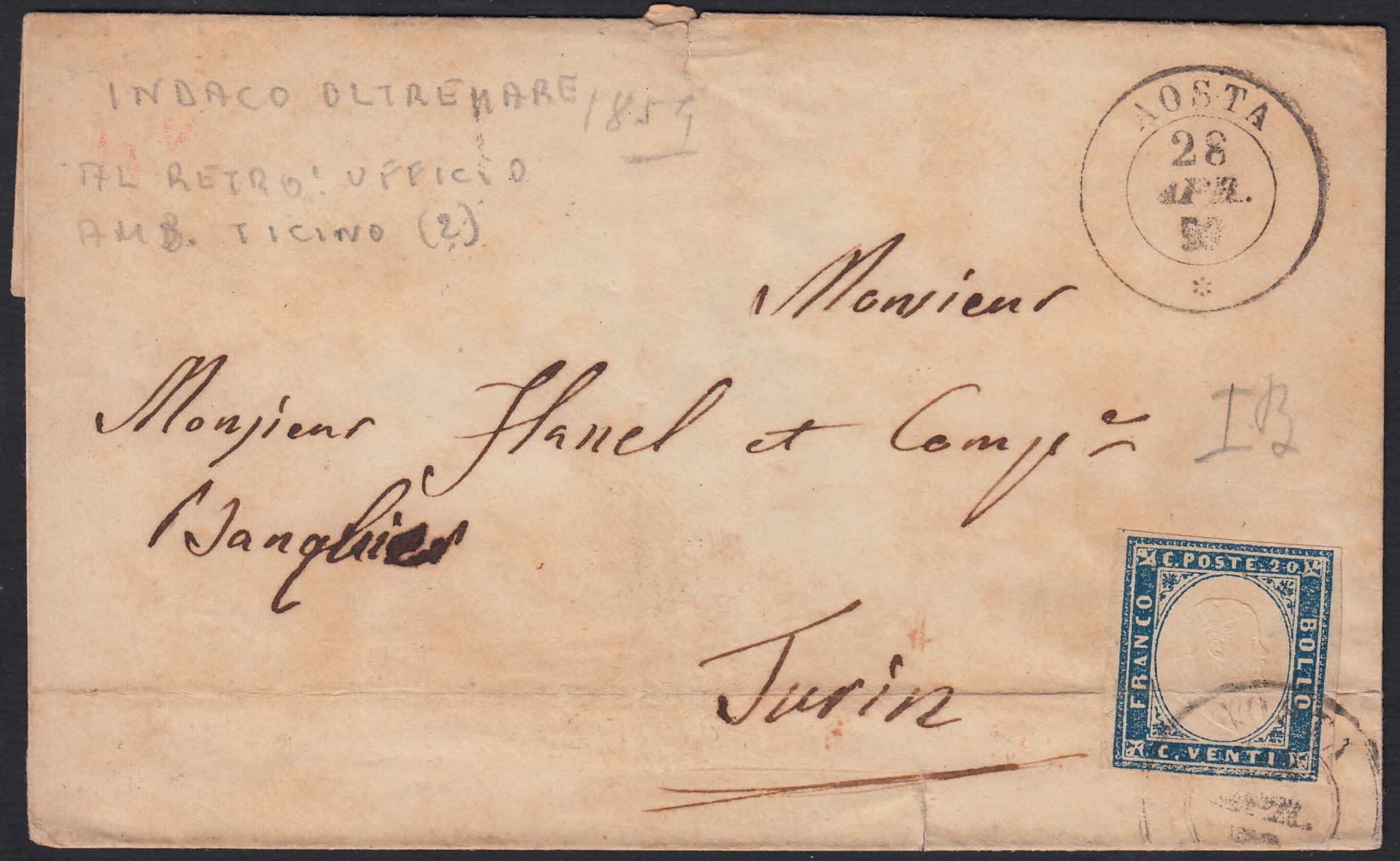SARDSP272 - 1859 - Lettera spedita da Aosta per Torino 28/4/59 affrancata con c. 20 azzurro scuro I tavola tiratura 59 (15B=