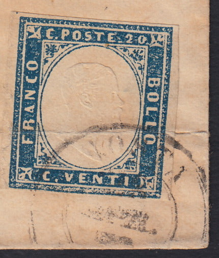SARDSP272 - 1859 - Lettera spedita da Aosta per Torino 28/4/59 affrancata con c. 20 azzurro scuro I tavola tiratura 59 (15B=