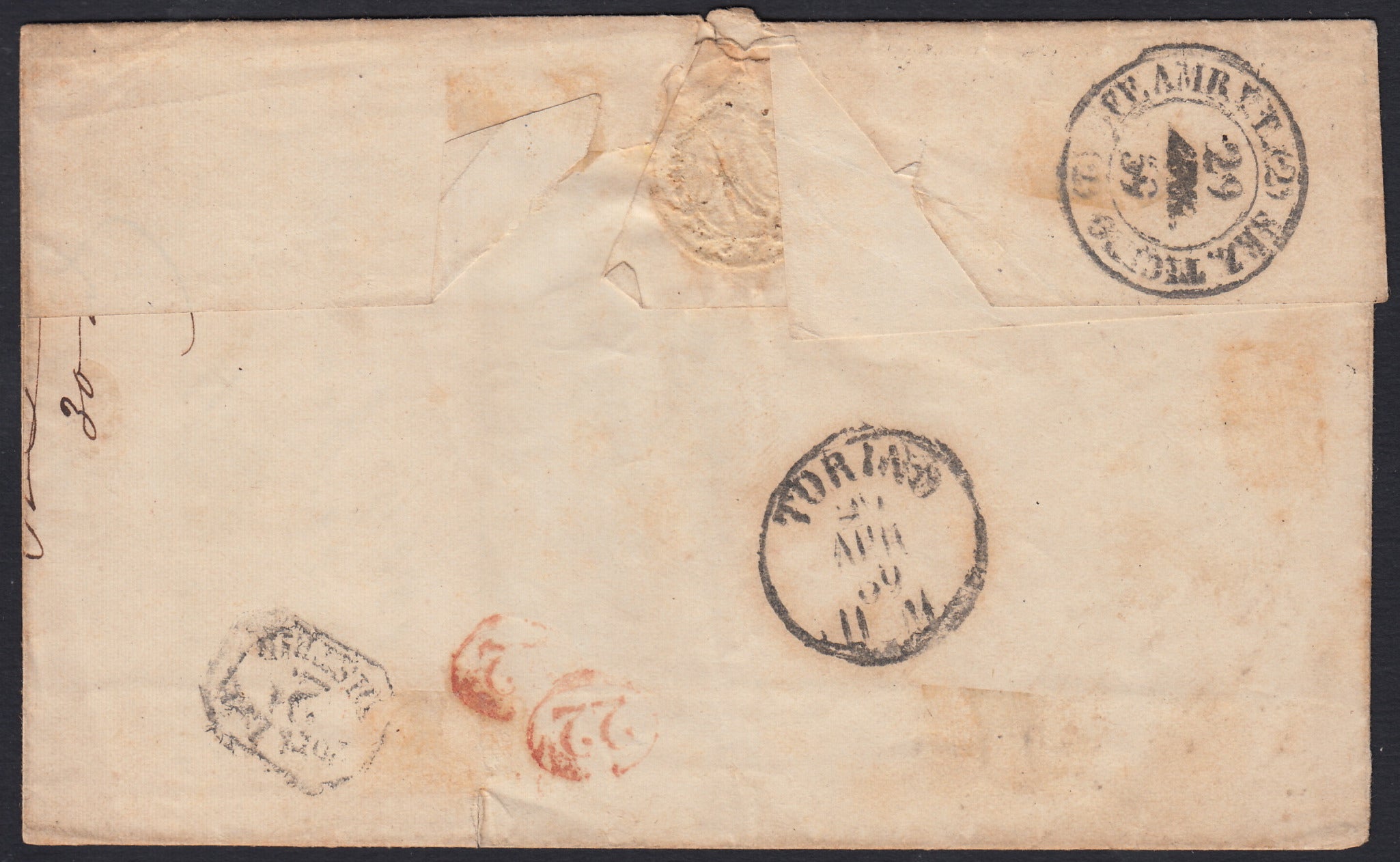 SARDSP272 - 1859 - Lettera spedita da Aosta per Torino 28/4/59 affrancata con c. 20 azzurro scuro I tavola tiratura 59 (15B=