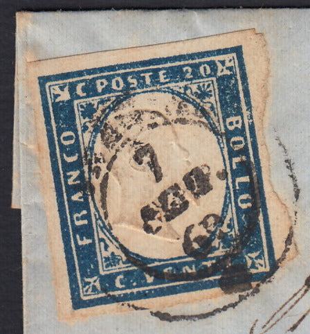 SARDSP273 - 1860 - Lettera spedita da Oneglia per Pieve 7/9/60 affrancata con c. 20 azzurro I tavola (15Ca)