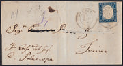 SARDSP279 - 1859 - Lettera spedita da Spezia per Torino 27/5/60 affrancata con c. 20 azzurro scurissimo I tavola (15C)
