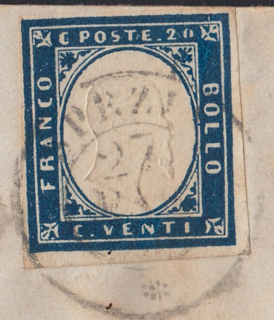 SARDSP279 - 1859 - Lettera spedita da Spezia per Torino 27/5/60 affrancata con c. 20 azzurro scurissimo I tavola (15C)
