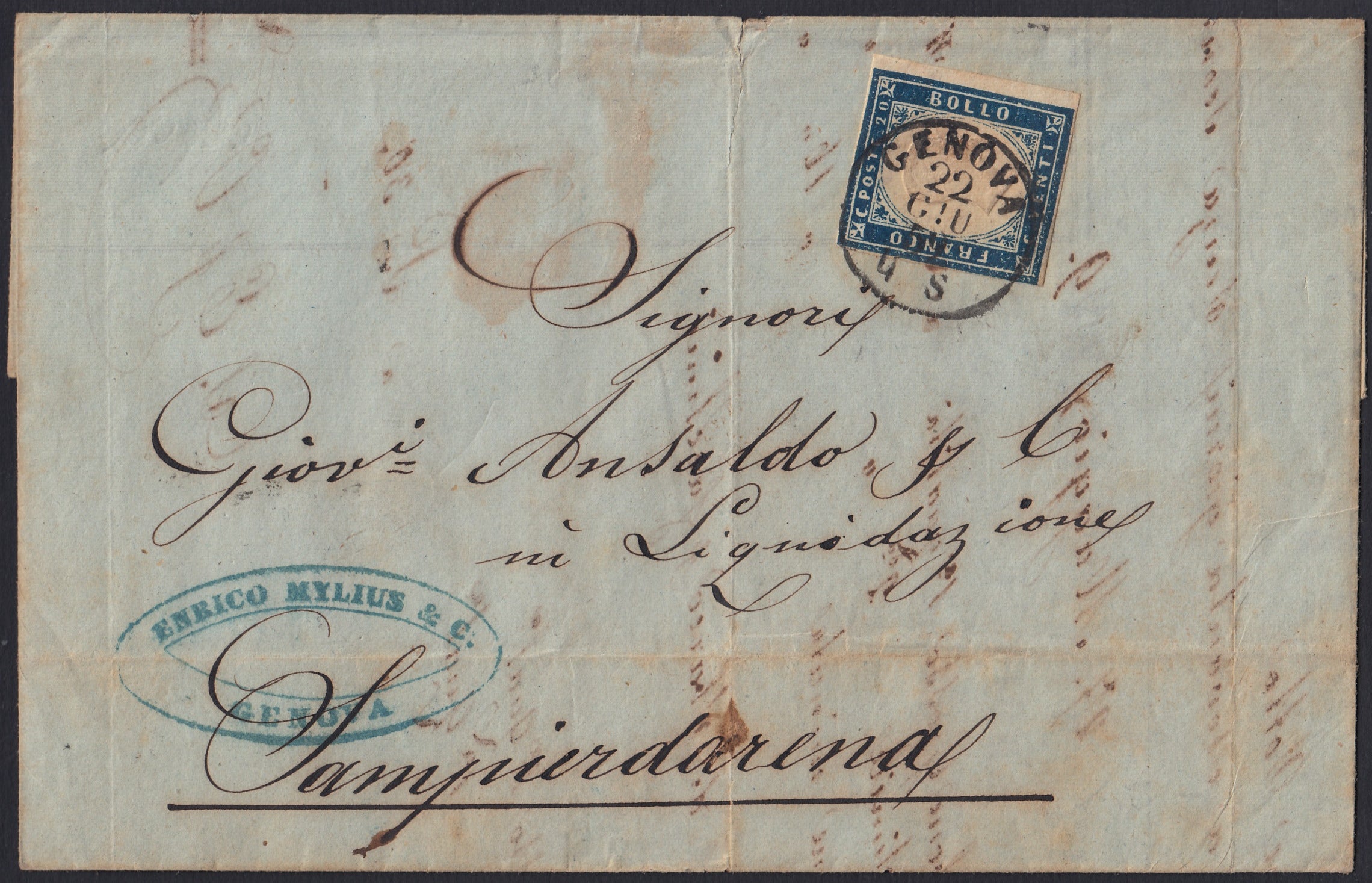 SARDSP280 - 1859 - Lettera spedita da Genova per Sampierdarena 22/6/59 affrancata con c. 20 cobalto oltremare I tavola (15Ba)
