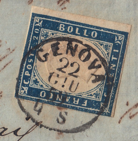 SARDSP280 - 1859 - Lettera spedita da Genova per Sampierdarena 22/6/59 affrancata con c. 20 cobalto oltremare I tavola (15Ba)