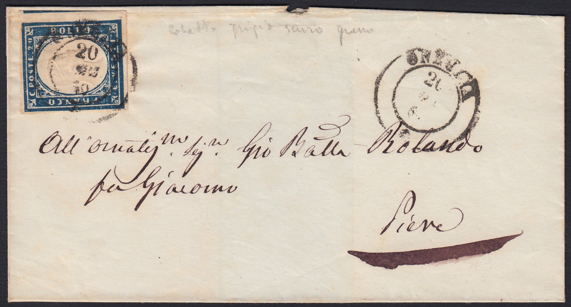 SARDSP286 - 1860 - Lettera spedita da Oneglia per Pieve 20/9/60 affrancata con c. 20 cobalto grigiastro I tavola (15Cb)