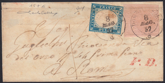 SardSP298 - 1857 - II issue c. 40 light pink + IV issue c. 20 cobalt on letter from Domodossola to Rome 8/5/57 (6 + 15)