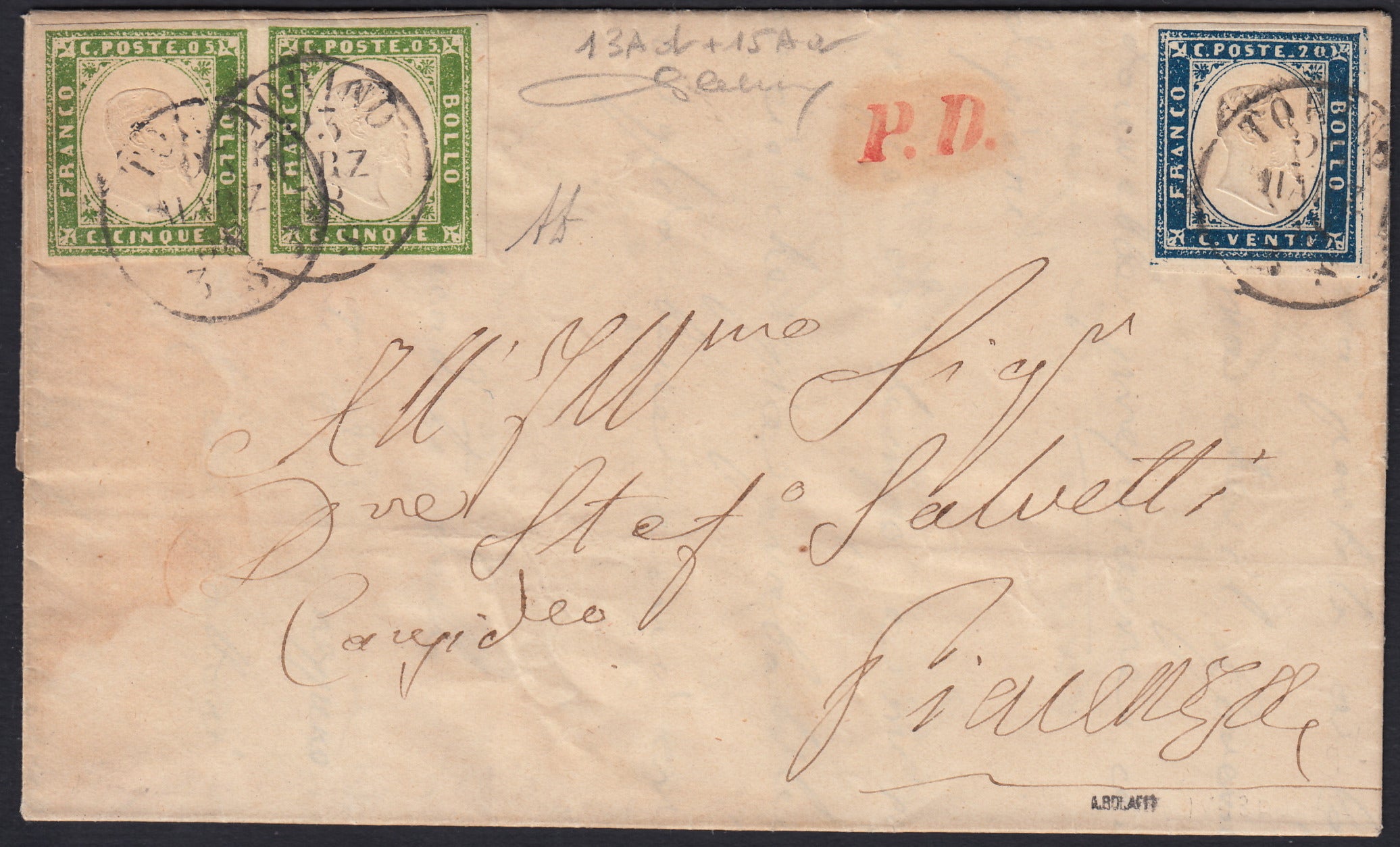 SardSP299 - 1858 - IV issue, c. 5 green yellow horizontal pair + c. 20 ultramarine blue on letter from Turin to Piacenza 23/3/58 (13Ad + 15Aa)