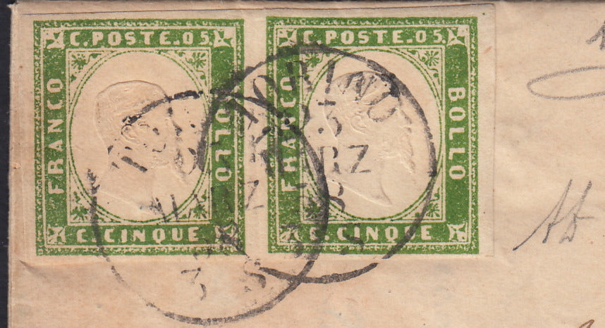 SardSP299 - 1858 - IV issue, c. 5 green yellow horizontal pair + c. 20 ultramarine blue on letter from Turin to Piacenza 23/3/58 (13Ad + 15Aa)
