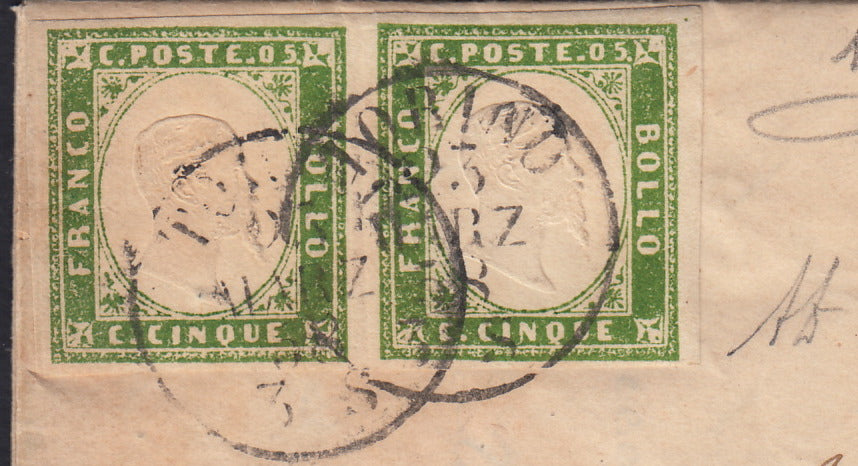 SardSP299 - 1858 - IV emissione, c. 5 verde giallo coppia orizzontale + c. 20 azzurro oltremare su lettera da Torino per Piacenza 23/3/58 (13Ad + 15Aa)
