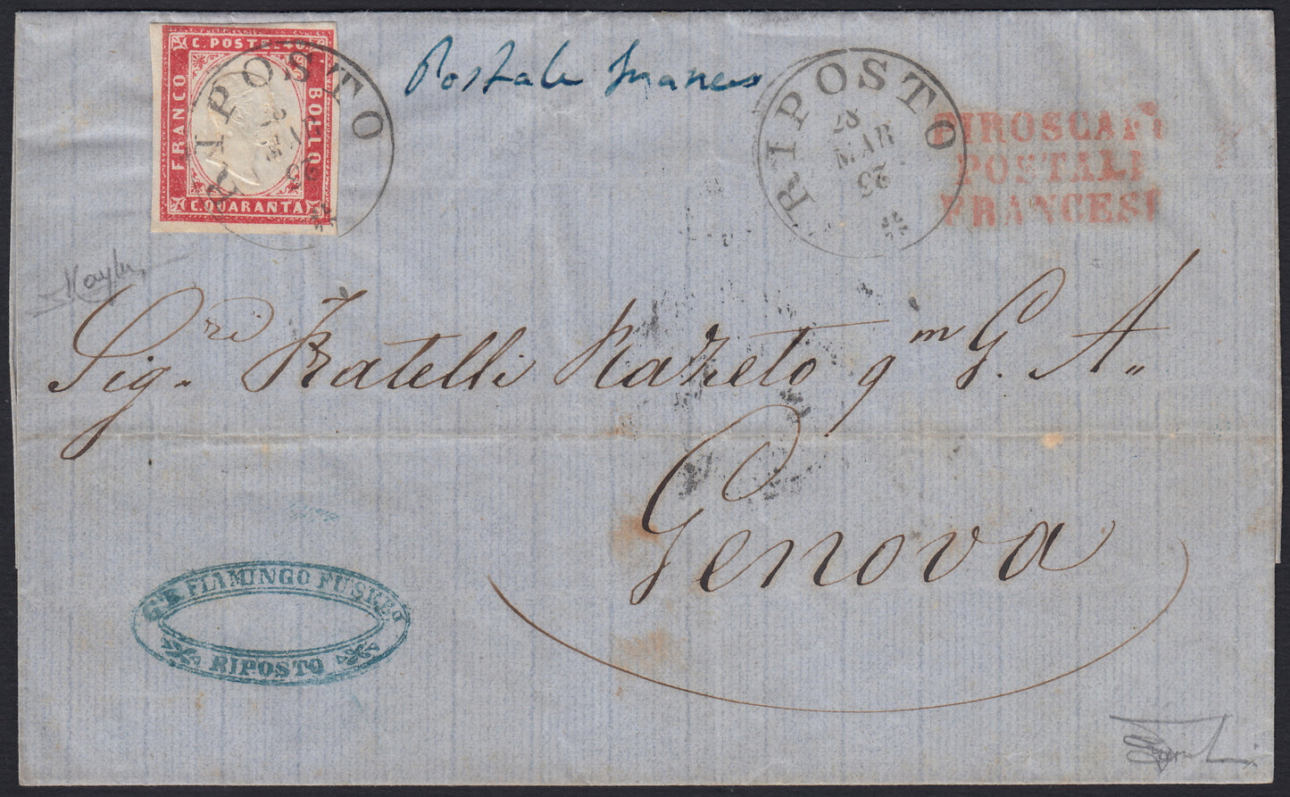 SardSP302 - 1863 - IV issue c. 40 carmine pink edition 1862 on letter from Riposto to Genoa 28/3/63 with the French Postal Steamers (16E).