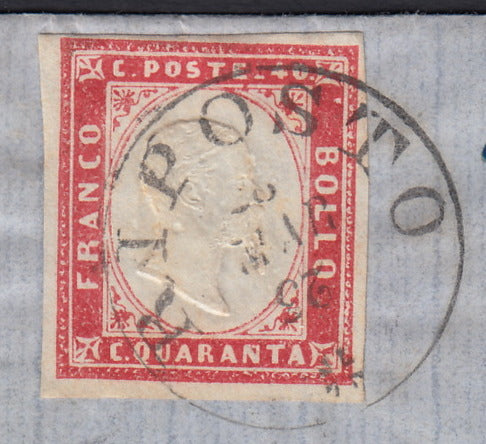 SardSP302 - 1863 - IV issue c. 40 carmine pink edition 1862 on letter from Riposto to Genoa 28/3/63 with the French Postal Steamers (16E).