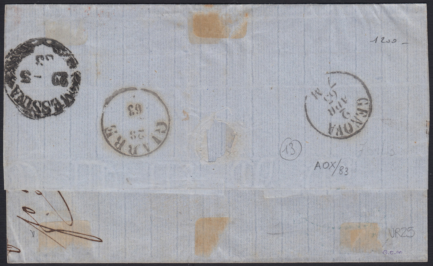 SardSP302 - 1863 - IV emissione c. 40 rosa carminio tiratura 1862 su lettera da Riposto per Genova 28/3/63 con i Piroscafi Postali Francesi (16E).