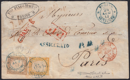 SardSP303 - 1861 - ex IV issue of Sardinia, c. 10 light bistro gray + c. 80 light orange yellow on letter from Turin Deliveries to Paris 24/7/61 (14Cc + 17B)