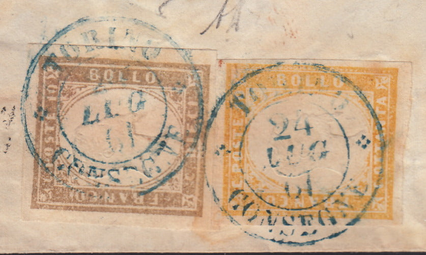 SardSP303 - 1861 - ex IV emissione di Sardegna, c. 10 grigio bistro chiaro + c. 80 giallo arancio chiaro su lettera da Torino Consegne per Parigi 24/7/61 (14Cc + 17B)