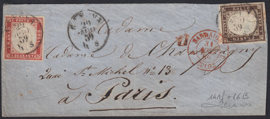 SardSP304 - 1859 IV issue c. 10 dark chocolate brown + c. 40 brick red on letter from Genoa to Paris 29/8/59 (14Af + 16B)