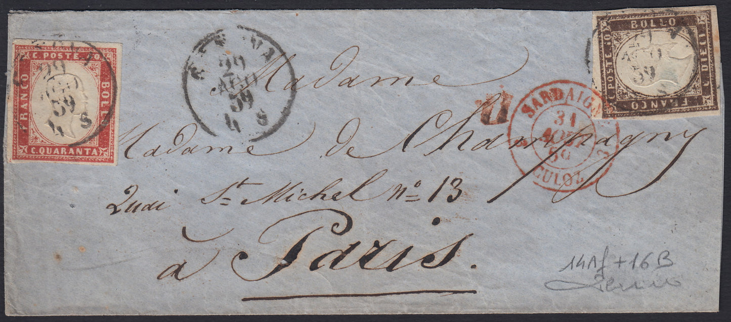 SardSP304 - 1859 IV emissione c. 10 bruno cioccolato scuro + c. 40 rosso mattone su lettera da Genova per Parigi 29/8/59 (14Af + 16B)