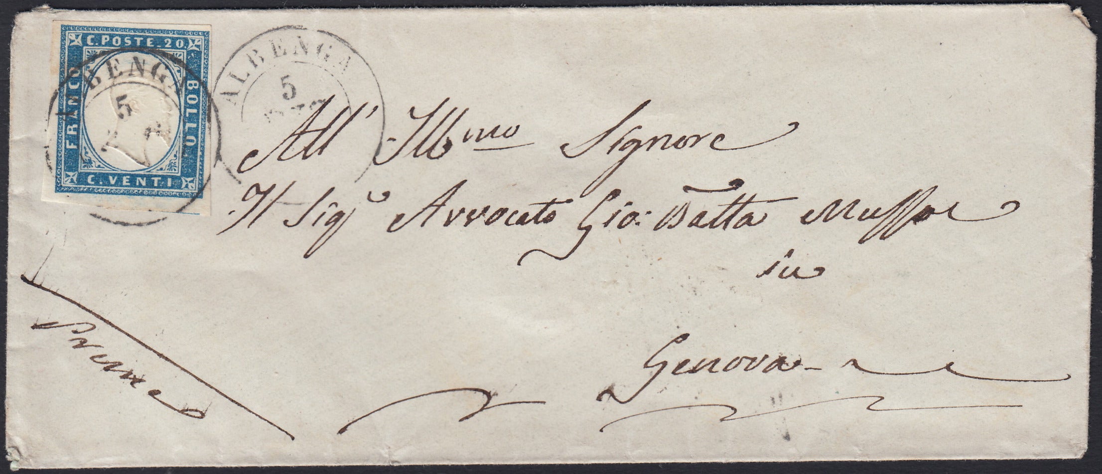SARDSP307 - 1862 - Lettera spedita da Albenga per Genova 5/12/62 affrancata con c. 20 celeste chiaro Ii tavola (15D)