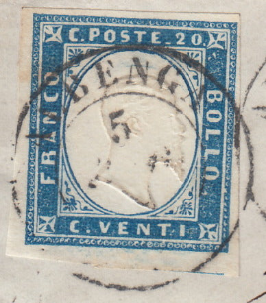 SARDSP307 - 1862 - Lettera spedita da Albenga per Genova 5/12/62 affrancata con c. 20 celeste chiaro Ii tavola (15D)