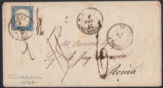 SardSp311 - 1861 - Letter sent from Terni Umbria to Rome 8/11/61 franked with c. 20 greyish light blue II plate (15Db) 