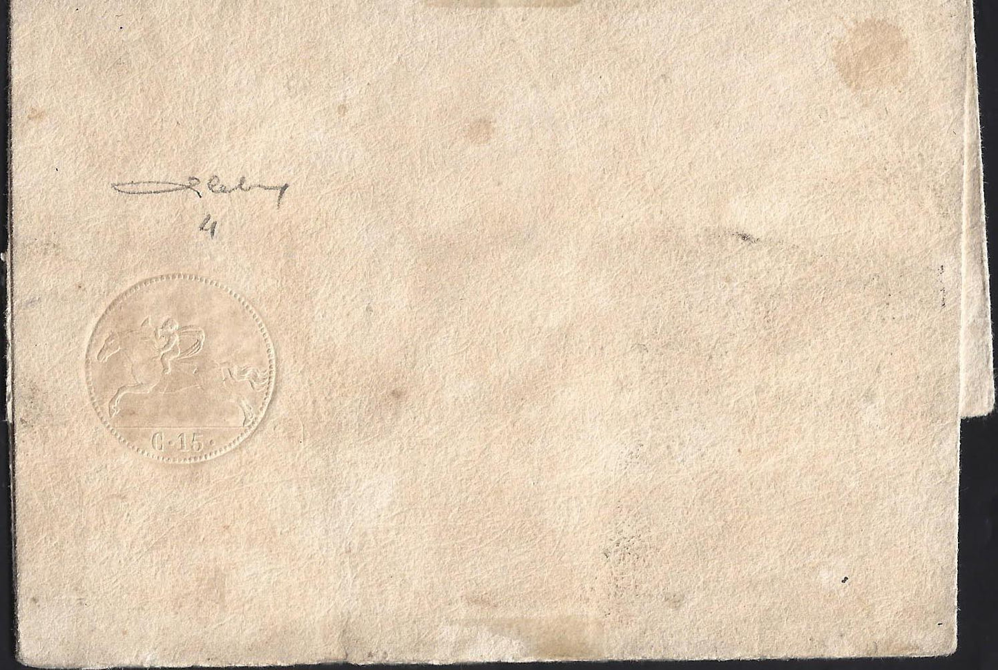 SardSP313 - 1820 - Precursori, cavallini di Sardegna II emissione, c. 15 impronta a secco molto nitida su mezzo foglio nuovo. (4).