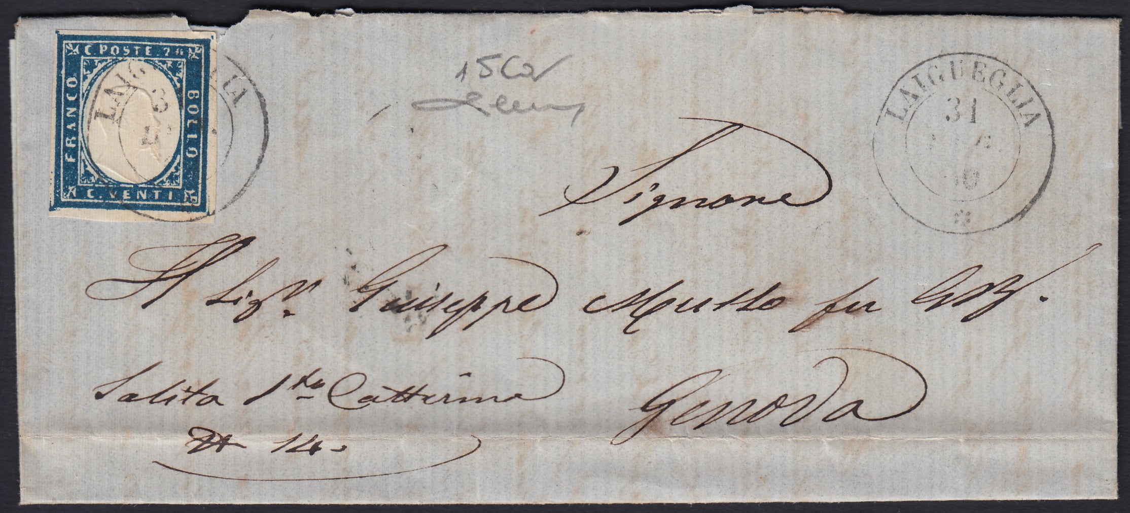 SARDSP322 - 1860 - Lettera spedita da Laigueglia per Genova affrancata con c. 20 azzurro I tavola (15Ca)