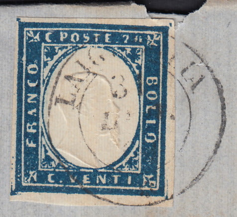 SARDSP322 - 1860 - Lettera spedita da Laigueglia per Genova affrancata con c. 20 azzurro I tavola (15Ca)