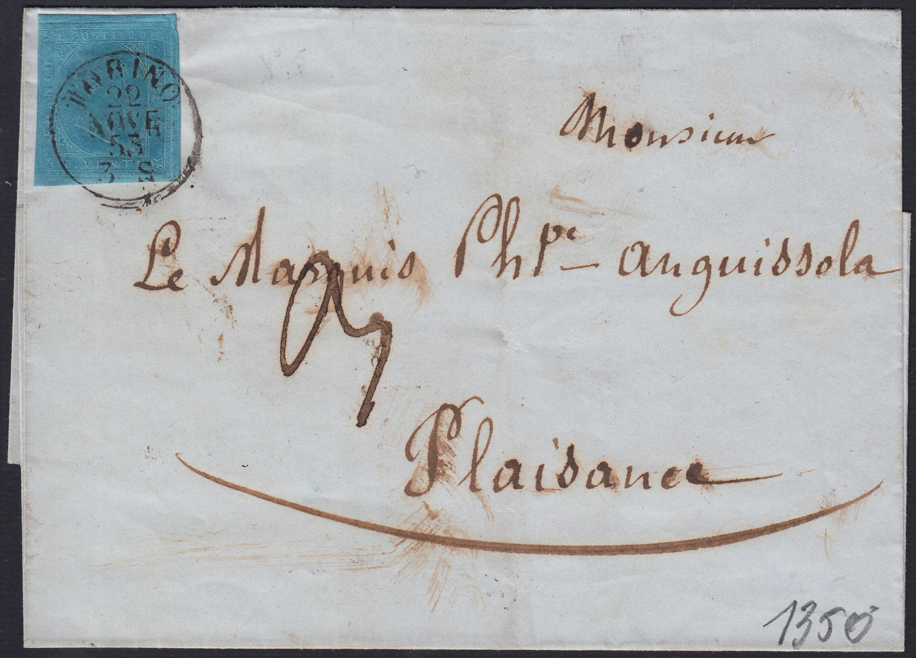SardSp361 - 1853 - Lettera spedita da Torino per Piacenza 22/11/53 affrancata con II emissione c. 20 azzurro (5)