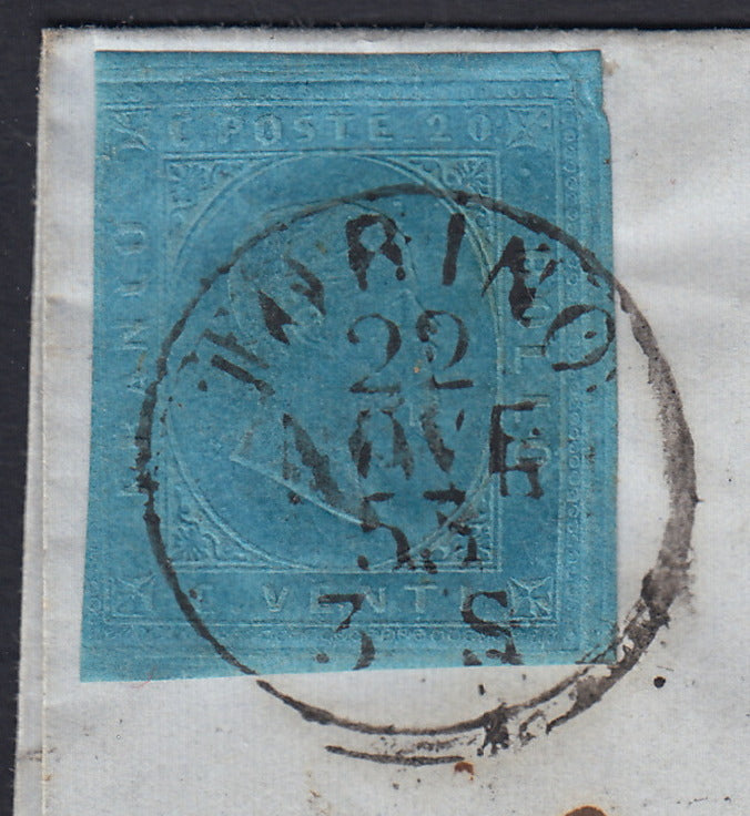 SardSp361 - 1853 - Lettera spedita da Torino per Piacenza 22/11/53 affrancata con II emissione c. 20 azzurro (5)
