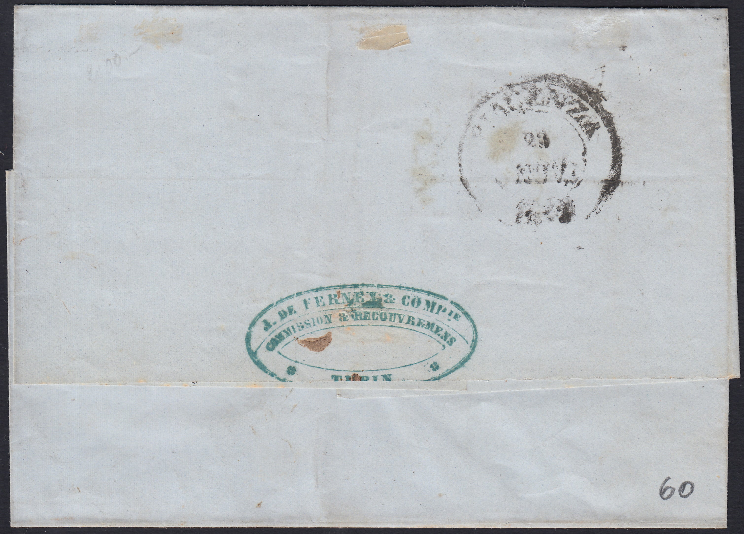 SardSp361 - 1853 - Lettera spedita da Torino per Piacenza 22/11/53 affrancata con II emissione c. 20 azzurro (5)