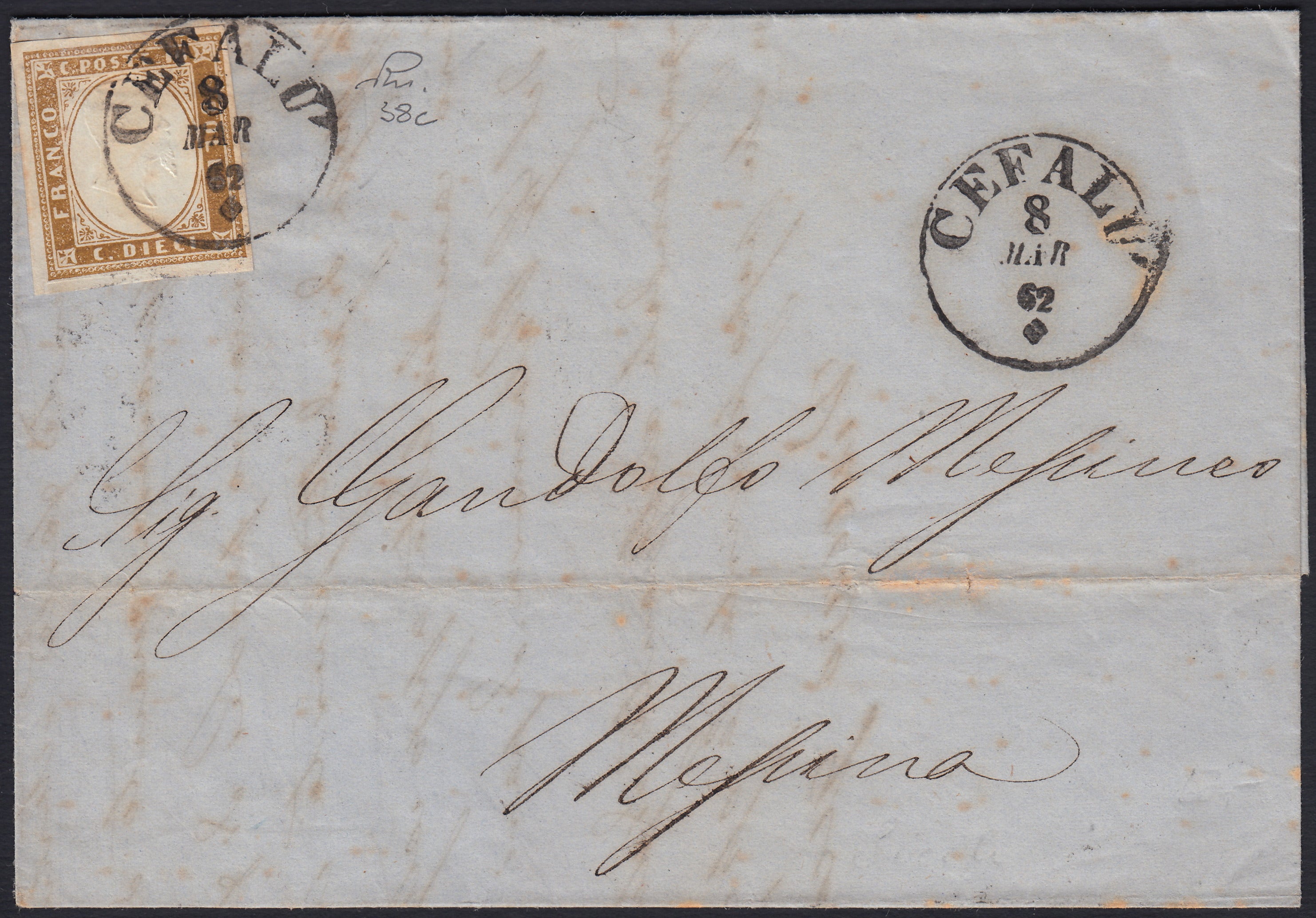 SardSP367 - 1862 - Lettera spedita da Cefalù per Messina 8/3/62 affrancata con c. 10 bistro oliva II tavola (14D)