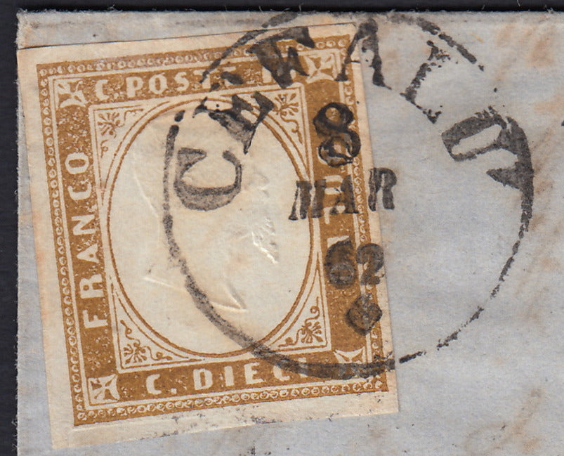 SardSP367 - 1862 - Lettera spedita da Cefalù per Messina 8/3/62 affrancata con c. 10 bistro oliva II tavola (14D)