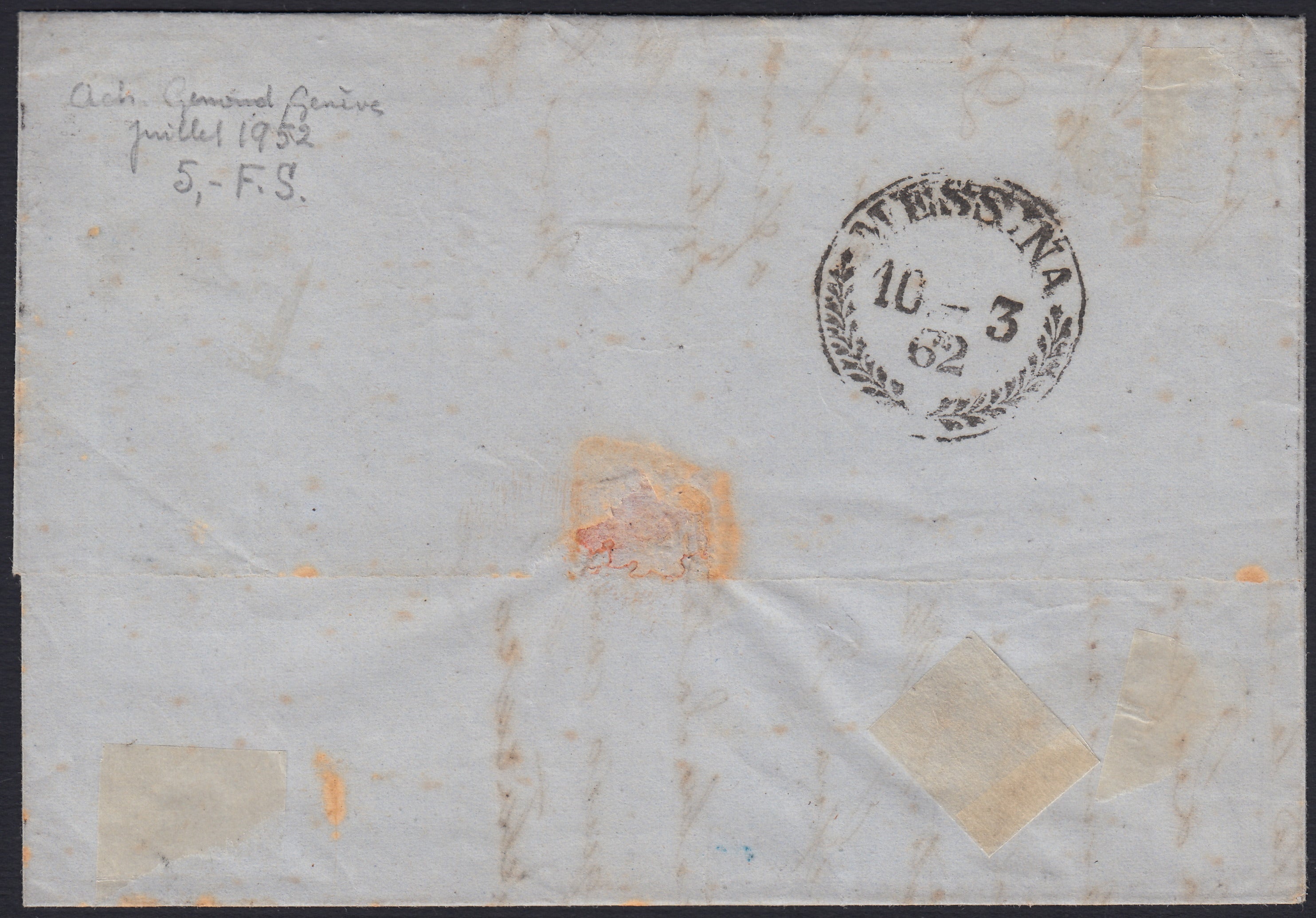 SardSP367 - 1862 - Lettera spedita da Cefalù per Messina 8/3/62 affrancata con c. 10 bistro oliva II tavola (14D)